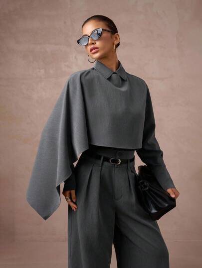 Lumalex Fall Winter Burgundy Claret Modest Old Money Coquette Glitter Holiday Party Outfit Rave Festival Outing Vacation Bohemian BOHO Outdoor Richly Layered Wedding Season Banquet Coming Of Age Ceremony 2pcs Women's High Waist Cinched Waist Midi Blazer Suit With Cape Sleeve Grey Two Pieces Set Modern Clothes For Women Monochromatic Outfit Two Pieces Pants Set Women Women Grey Suit Luxury Prom Christmas New Year