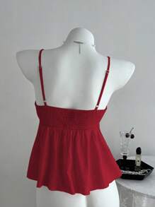 Pariaura 女士可爱纯色褶皱粉色吊带背心，夏季大学可爱上衣，酒红色上衣，勃艮第酒红色上衣，夏季上衣，红色上衣 - 紅色 - 查看 2