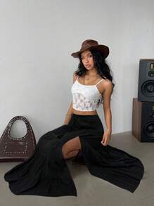 Siren Gaze Váy đi biển Boho 2025 dành cho nữ - Váy maxi xếp tầng vải lanh pha xẻ tà cao, cạp chun và viền ren, trang phục thiết yếu cho lễ hội âm nhạc và kỳ nghỉ | Váy chữ A mùa hè, mùa hè dành cho nữ, phụ nữ đi nghỉ, bãi biển - màu đen - Xem 5