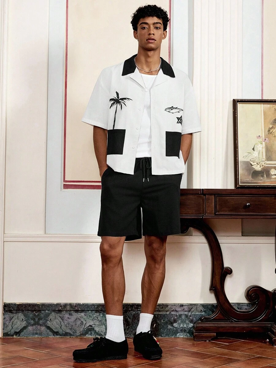 SWAVVY Bộ áo sơ mi họa tiết cây cọ phối màu thường ngày cho nam, mùa hè - Đen và trắng - Xem 1