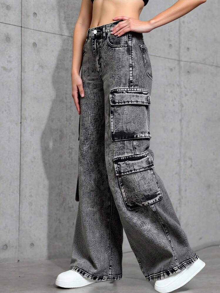 Quần jeans nữ tuổi teen phong cách Y2K thập niên 90, kiểu dáng đường phố, túi xéo, màu trơn, ống đứng, thiết kế túi, mềm mại và thanh lịch, thích hợp cho đi làm, tập luyện, trẻ trung và thời trang, đi học, quần cargo. - màu đen - Xem 4