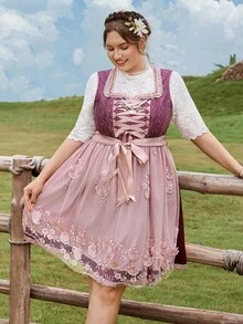 SHEIN Frenchy Elegantes Vintage-Spitzen-Patchwork-Dirndl ohne Ärmel in Große Größen, Deutsch, Oktoberfest, Traditionelles Kleid, Dirndl - Verschiedenfarbig - Übersicht 4