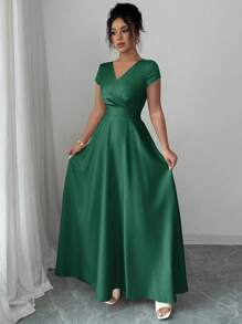 Elenzga V领收腰优雅浪漫女士连衣裙，短袖 - 墨綠色 - 查看 3