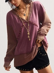 Bohemela 秋冬波西米亚风休闲拼接V领长袖宽松女士卫衣 - 紫色 - 查看 2