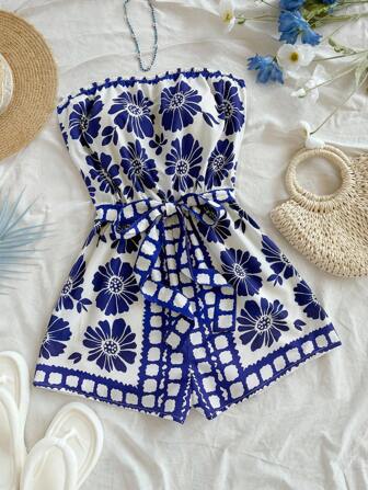 Soleia 大码假日蓝白图案女式吊带短款连体裤