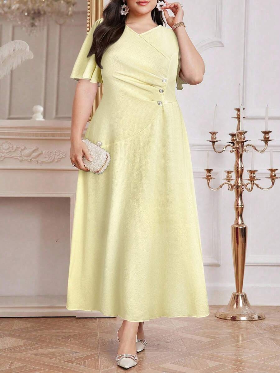 Modelyn 大码女式纯色简约日常短袖连衣裙长款晚礼服 - 芥末黃 - 查看 1