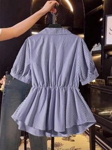 Calvaya Plus Size Women's Striped Short Sleeve Single-Breasted Casual Commuter Shirt, Summer - Multicolor - View 2