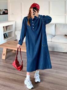 少女秋季休闲宽松长袖蓝色宽松柔软可爱牛仔衬衫裙，毕业典礼 - 深色水洗藍 - 查看 5