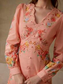 MOTF PREMIUM Váy Midi cổ chữ V họa tiết hoa thanh lịch, thích hợp cho kỳ nghỉ - Hồng - Xem 2