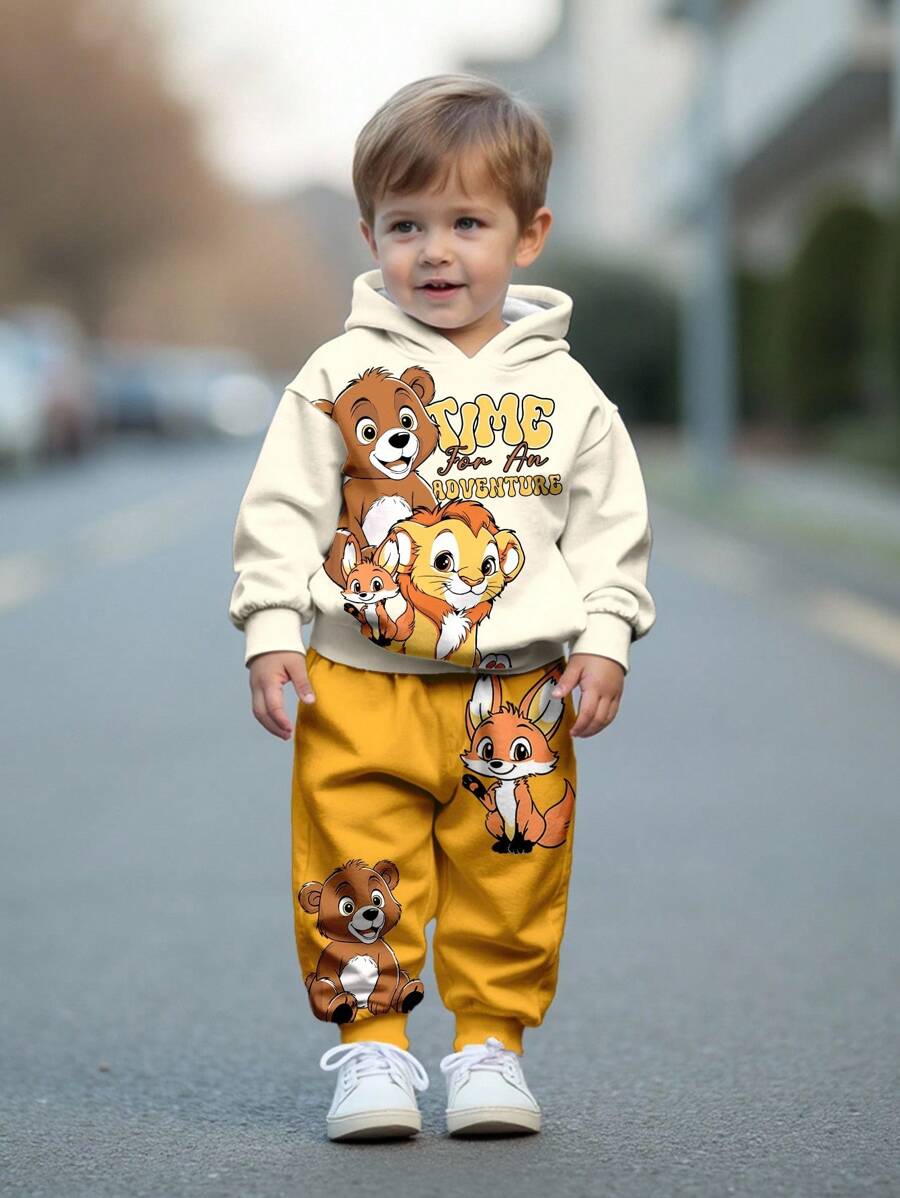 SHEIN 男婴休闲宽松舒适卡通动物可爱风格狮子熊运动图形字母印花涂鸦针织柔软连帽卫衣和裤子套装，适合秋冬季 - 彩色 - 查看 1