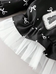 年轻女孩蝴蝶结印花网眼拼布夹克 - 黑色 - 查看 5