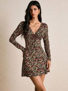 Poéselle 女式碎花前系带长袖时尚迷你连衣裙 - 彩色 - 查看 4