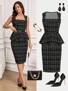 Ellevyn 2 件女士优雅黑色商务/通勤法式格子衬衫和裙子套装黑白格子教师装，老钱风格秋季女装套装，黑色正装，适合外出 - 黑色 - 查看 2