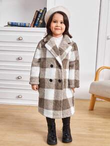 SHEIN Áo khoác kẻ caro phong cách thường ngày cho bé gái, thích hợp cho kỳ nghỉ thu đông. - Màu Khaki - Xem 5