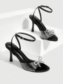 CUCCOO SZL 女士黑色缎面和TPU蝴蝶水钻装饰带踝带性感高跟凉鞋，时尚优雅，适合夏季 - 黑色 - 查看 2