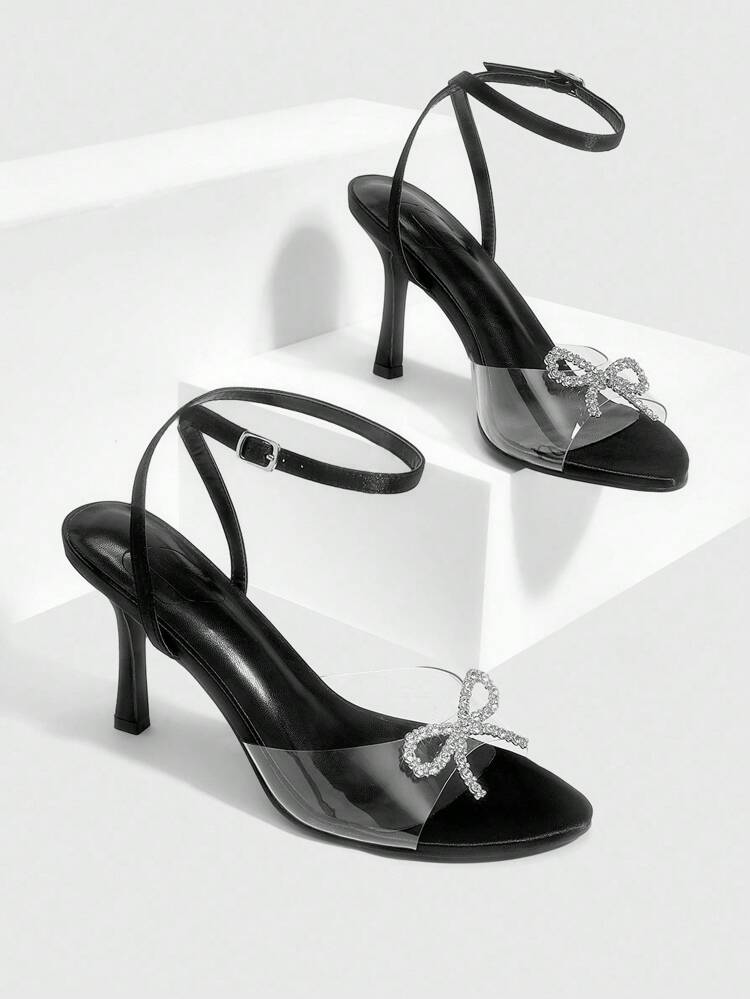 CUCCOO SZL Women's Black Satin & TPU Butterfly Rhinestone Decor Strap Ankle Strap Sexy High Heel Sandals, Fashionable & Elegant For Summer