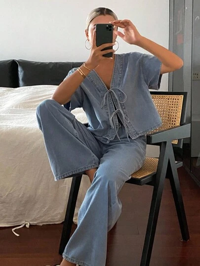 Livesso Women's Summer Short Sleeve Tie Front Top And Loose Fit Denim Pants Set