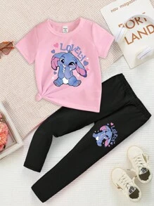 SHEIN Baby Girls' Casual Fashion Creative Cartoon Cute Blue Rabbit Heart Letter Graphic Print Short Sleeve T-Shirt And Leggings Set Lilo And Stitch Girls Clothes Stitch Clothes For Girls 2t Girl Tshirt - Multicolor - View 4