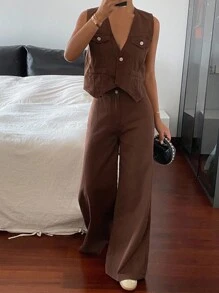 DAZY Conjunto de top sin mangas de cuello en V y pantalones vaqueros de corte holgado para mujer - Azul - Ver 1