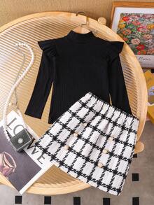 Emery Rose Kids Emery Rose Kids 2pcs Young Girl Knitted Solid Color Ruffle Trim T-Shirt And Plaid Skirt Set Girls Black Rib Knit Top And Skirt Set Girls Black And White Checkered Skirt Set Black And White Outfit For Girls Girls Tweed Skirt Set Girls Ribbed Turtleneck Shirt And Skirt Set Girls Black Rib Knit Top And Plaid Skirt Set Black And White Plaid Skirt Set For Girls Girls Black Ruffle Long Sleeve Shirt Girls Winter Two Piece Outfit Girls Tweed Skirt And Top Set,Golden Botton Decor Plaid Skirt Set, Girls Autumn Winter Outfit,Casual Wear,Halloween ,Family Vocation,Mommy & Sisters & Me Matching,Twims Girl,Black, Christmas, School Style Sets Fall