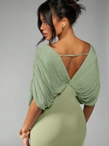 MISSGUIDED 优雅垂坠低领蝙蝠袖长裙，高腰侧开衩罗纹晚会婚礼宾客夏季春季 - 薄荷綠 - 查看 7