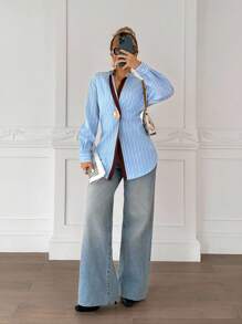 SHEIN 少女蓝色条纹拼接棕色金属袖口斜襟长袖长衬衫 - 淺藍色 - 查看 6