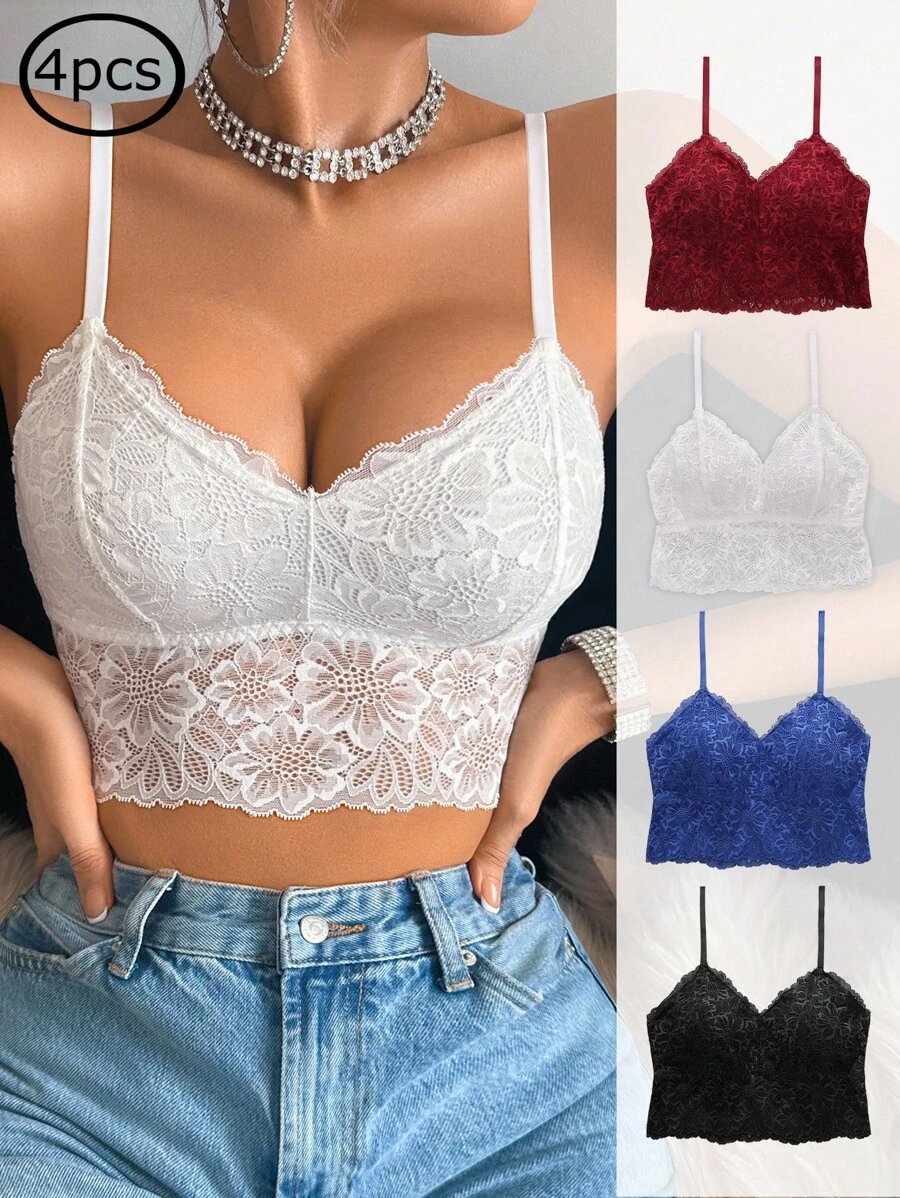 SHEIN 4 pièces/set Soutien-gorge sans fil sexy en dentelle de couleur unie pour femmes - Multicolore - Voir 1
