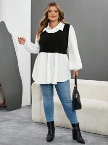 SHEIN CURVE+ Plus Size Casual Color Block Lantern Sleeve 2 In 1 Shirtfall Clothes For Women,Winter,CURVE PLUS - Black and White - View 7