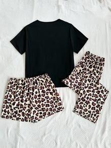SHEIN Bộ đồ ngủ 3 món tay ngắn họa tiết da báo và quả anh đào cỡ lớn, quần short và quần ngủ - màu đen - Xem 2