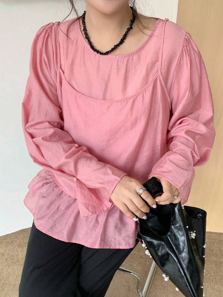Dazy Plus 2pcs/Set Loose Fit Solid Color Round Neck Long Sleeve Pullover Top & Camisole For Plus Size Women, Casual, Pink Lounge Sets For Women