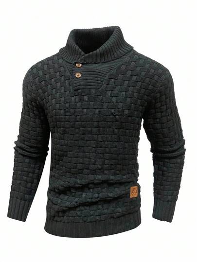 Manfinity Mode Pull homme avec détails de patchs, manches longues, tricot torsadé, pull mode noir uni. Cadeau pour petit ami, automne-hiver, style grunge