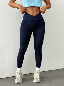 Easithlete Easithlete Women's Yoga Workout Dopamine Color Blocking Criss-Cross Waist Sports Leggings, Navy Blue - Navy Blue - View 3
