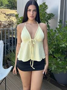 Lucia Bellido Women's Summer Solid Color Front Tie Halter Neck Tank Top - Yellow - View 3