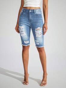 EMERY ROSE Casual Washed Distressed Slim Fit Denim Shorts - Light Wash - View 5