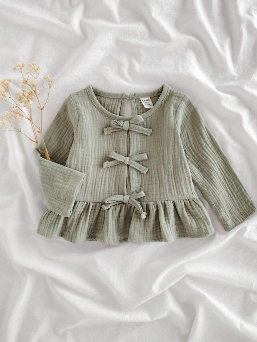 SHEIN Vintaside Kids 女婴休闲纯绿色蝴蝶结装饰长袖上衣，秋季 - 綠色 - 查看 1