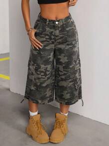 SHEIN Tall 女士宽松裤型街头风迷彩工装口袋七分牛仔裤