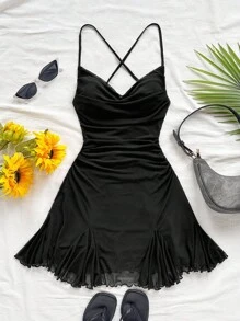 Soleia 女士度假细肩带迷你连衣裙，低胸领口，露背，蝴蝶结，鱼尾，性感风格，迷你连衣裙，及膝长裙，购物，浪漫，约会，海滩装，网眼，年轻，少女 - 黑色 - 查看 4