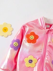 1pc Young Girl Vibrant Towel Embroidered Colorful Flower & Smiling Face Pattern Cute Jacket Back To School Outwear Fall Winter - Pink - View 4