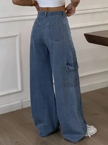 Livesso Women's Casual Washed Wide Leg Cargo Jeans - Light Wash - View 2