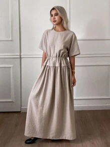 Livesso 女式夏季圆领短袖二合一束腰连衣裙 - 棕色 - 查看 3