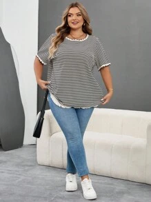 SHEIN CURVE+ 大码休闲学院风条纹T恤，秋季/假日女装，秋冬款，CURVE PLUS - 黑與白 - 查看 7