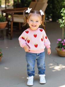SHEIN Vintaside Kids 2pcs Baby Girl Autumn/Winter Knitted Sweater With Red Strawberry Pattern + Denim Pants Set Fall - Pink - View 3