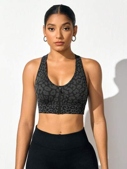 Gameset Sport Women Leopard Print Zipper Front Sports Bra, Everyday Wear view 6