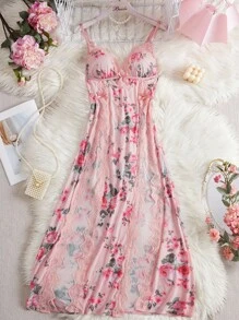 SHEIN 1件浪漫复古蕾丝和网眼拼布性感女式睡袍 - 珊瑚粉 - 查看 4