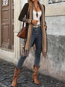 SHEIN LUNE Áo khoác cardigan tua rua họa tiết hình học thường ngày cho nữ - Cà phê nâu - Xem 6