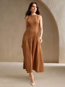Anewsta Vestido Midi Elegante Feminino Cáqui, Sem Mangas, Com Cintura Franzida, Plissado, - Caqui - Ver 5