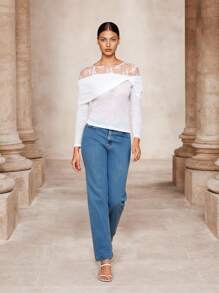 SHEIN Unity Lace Panel Knitted Sweater, Gentle Lady Style - White - View 7