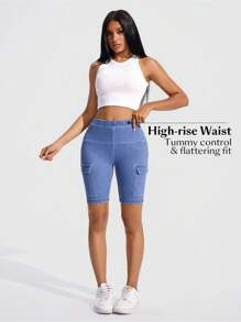 Flexra Women's Elastic Waist Denim Shorts With Pockets, Washed Knit Fabric - Medium Wash - View 6