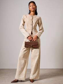 COSMINA Denim Women's Solid Color Front Button Fitted Long Sleeve Denim Blouse, Fall Women Clothes - Apricot - View 3