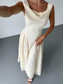 Firerie 女士优雅精致浪漫度假约会日常时尚新款低胸花卉镂空纹理腰部 A 字中长奶油黄色连衣裙 - 淡黃色 - 查看 9